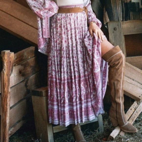 pink white Boho gypsy Floral Print Maxi Skirt - Picture 2 of 4